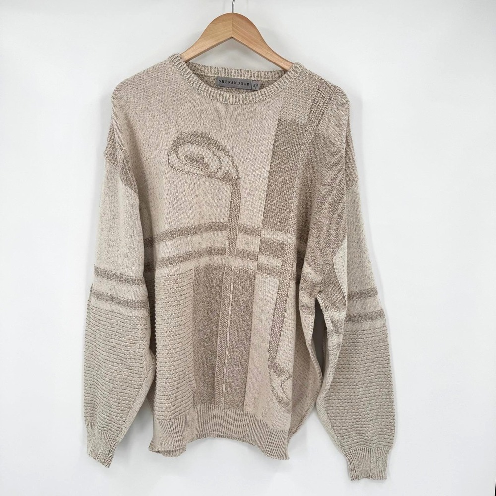Shenandoah Vintage Mens‎ XXL Golf Club Patchwork Knit Sweater Tan Beige USA Made